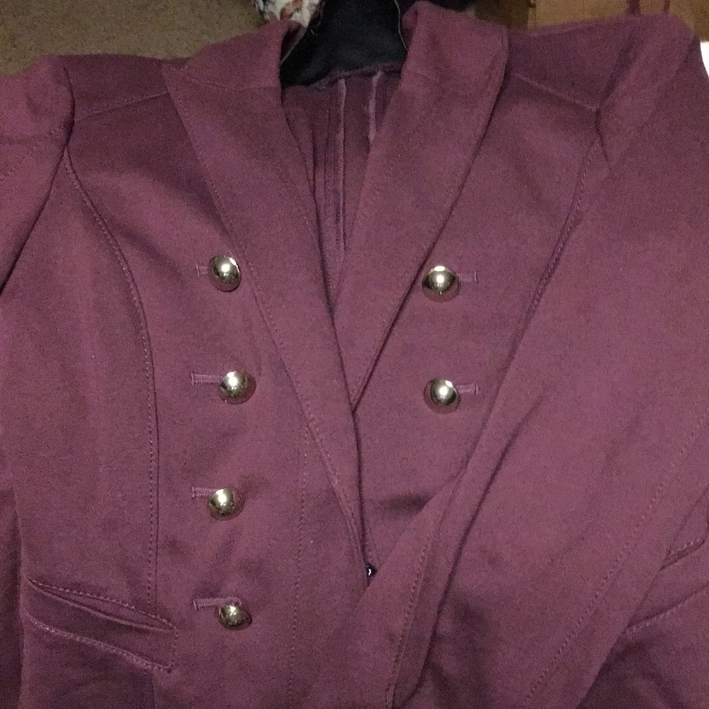 Eggplant colored blazer and lace trim cami